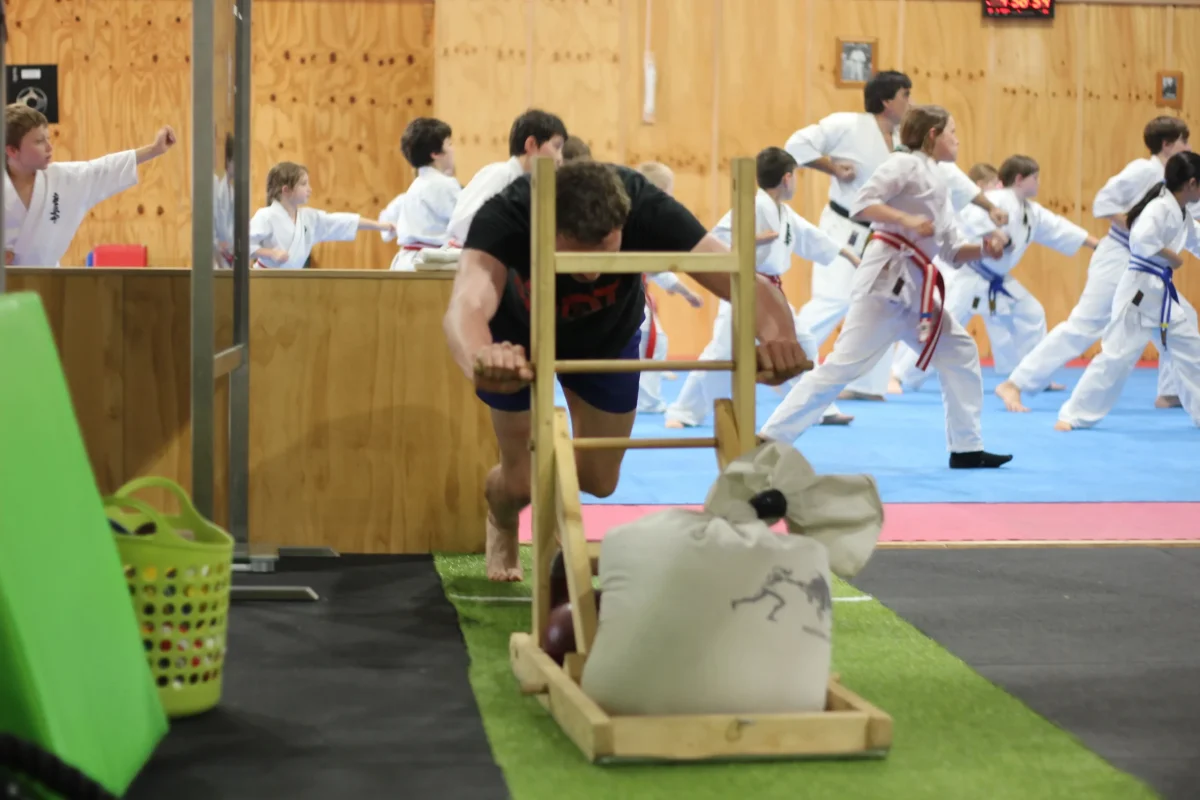 Functional fitness classes in Eltham Man pushing sled during a strength and conditioning class at Functional Fitness Eltham, with martial arts students training in the background